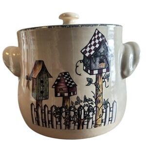 Home Garden Party Ltd Birdhouse Bean Pot Cookie Jar Stoneware Lid 2003 USA